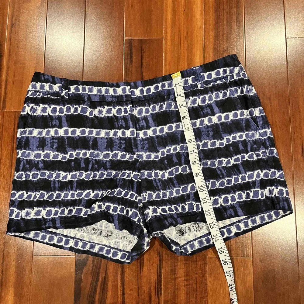 J Crew Blue White Shorts Linen Cotton Tie Dye Geo Pattern Zip Hook Closure Sz 12
